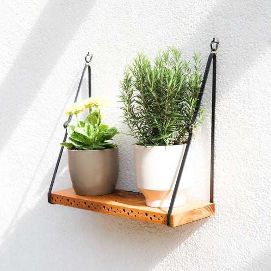 Shelbee Bienenregal mit schwarzen Riemen aus veganem Material zur Befestigung an zwei Schraubhaken. Auf der Wildbienen Nisthilfe Shelbee stehen zwei dekorative Blumentöpfe. Das Bienenregal ermöglicht eine naturnahe Balkongestaltung.